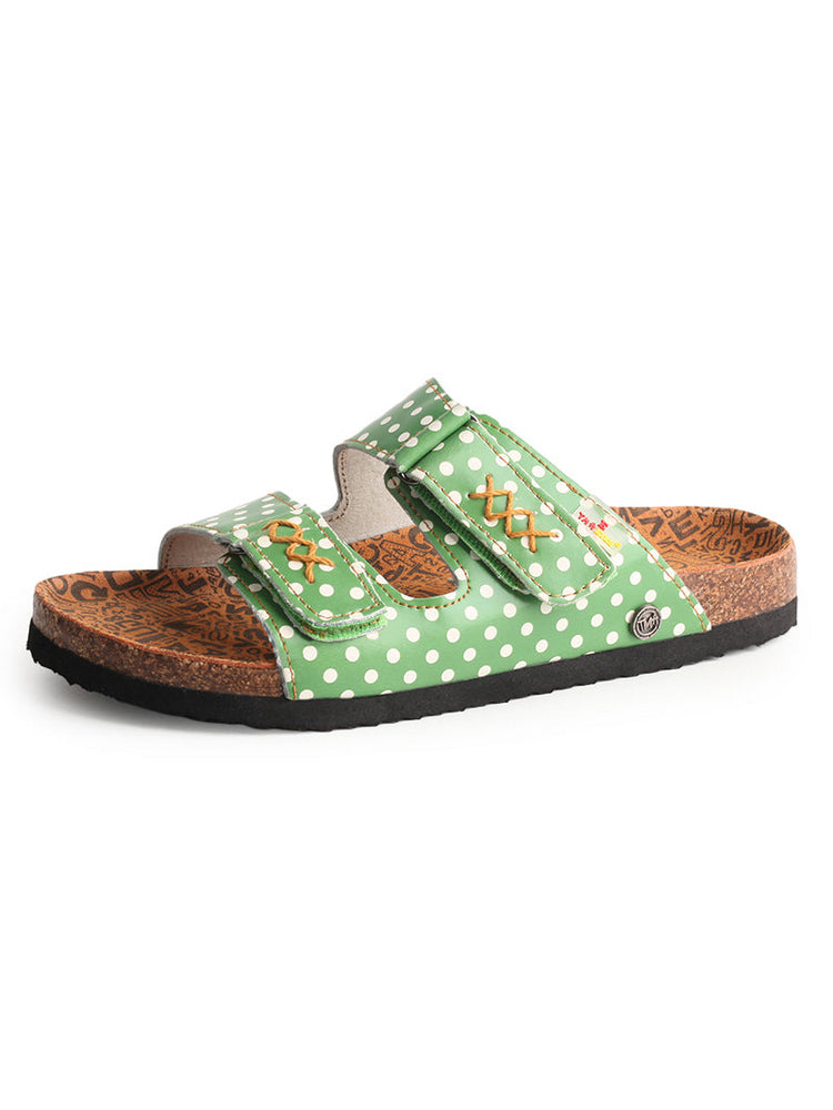 TMA EYES Polka Dot Leather Sandals   Hand Stitched Open Toe Footbed Flats