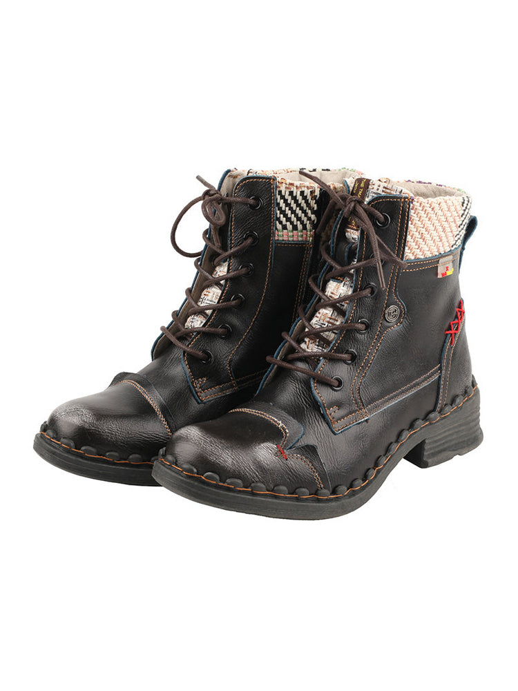 TMA EYES Genuine Leather Martin Boots  Hand Stitched Woven Lace-Up Side Zip
