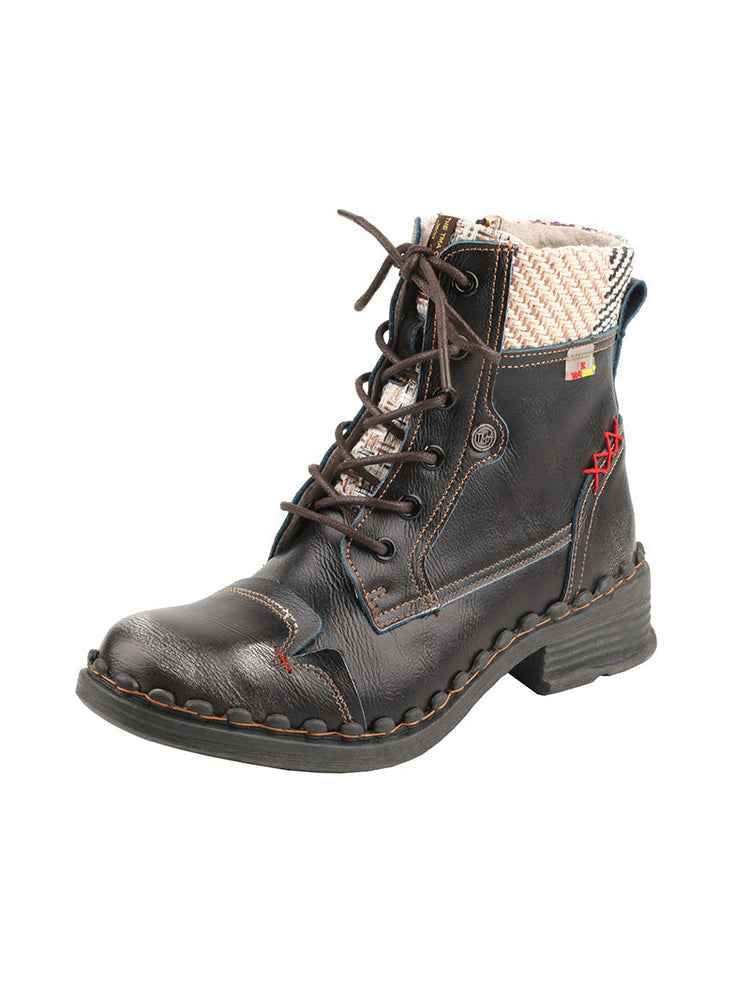 TMA EYES Genuine Leather Martin Boots  Hand Stitched Woven Lace-Up Side Zip