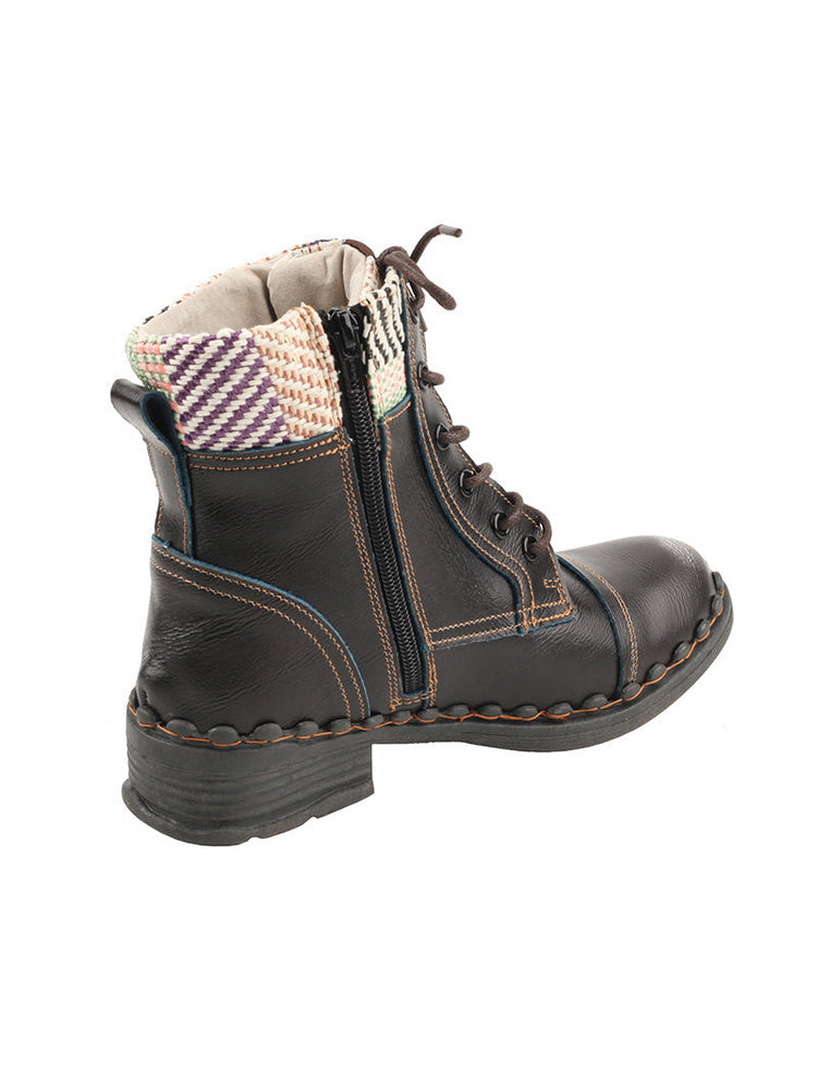 TMA EYES Genuine Leather Martin Boots  Hand Stitched Woven Lace-Up Side Zip