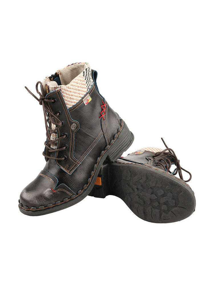 TMA EYES Genuine Leather Martin Boots  Hand Stitched Woven Lace-Up Side Zip