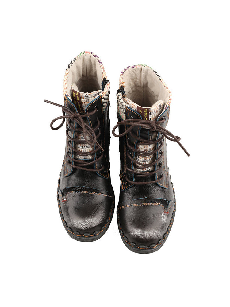 TMA EYES Genuine Leather Martin Boots  Hand Stitched Woven Lace-Up Side Zip