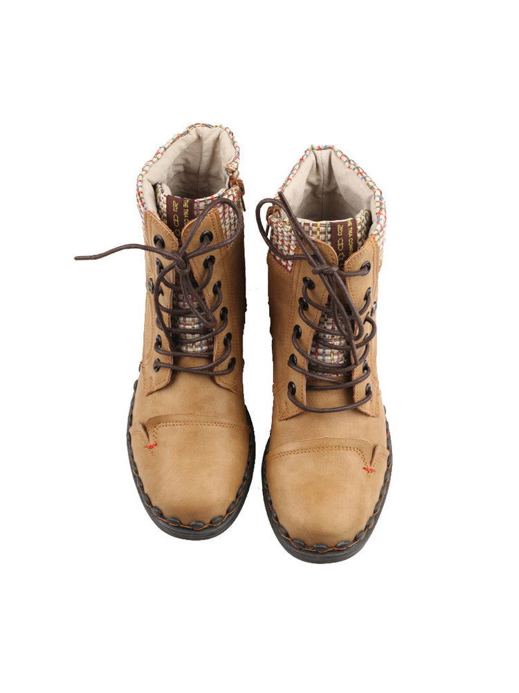 TMA EYES Genuine Leather Martin Boots  Hand Stitched Woven Lace-Up Side Zip