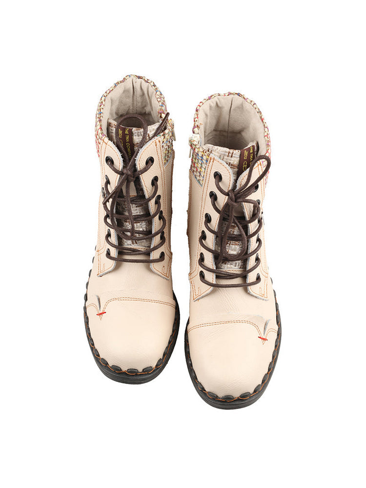 TMA EYES Genuine Leather Martin Boots  Hand Stitched Woven Lace-Up Side Zip