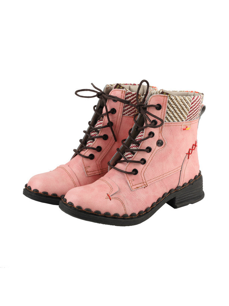 TMA EYES Genuine Leather Martin Boots  Hand Stitched Woven Lace-Up Side Zip