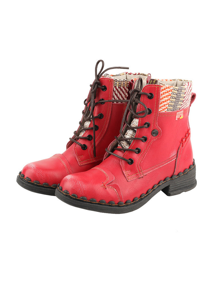 TMA EYES Genuine Leather Martin Boots  Hand Stitched Woven Lace-Up Side Zip