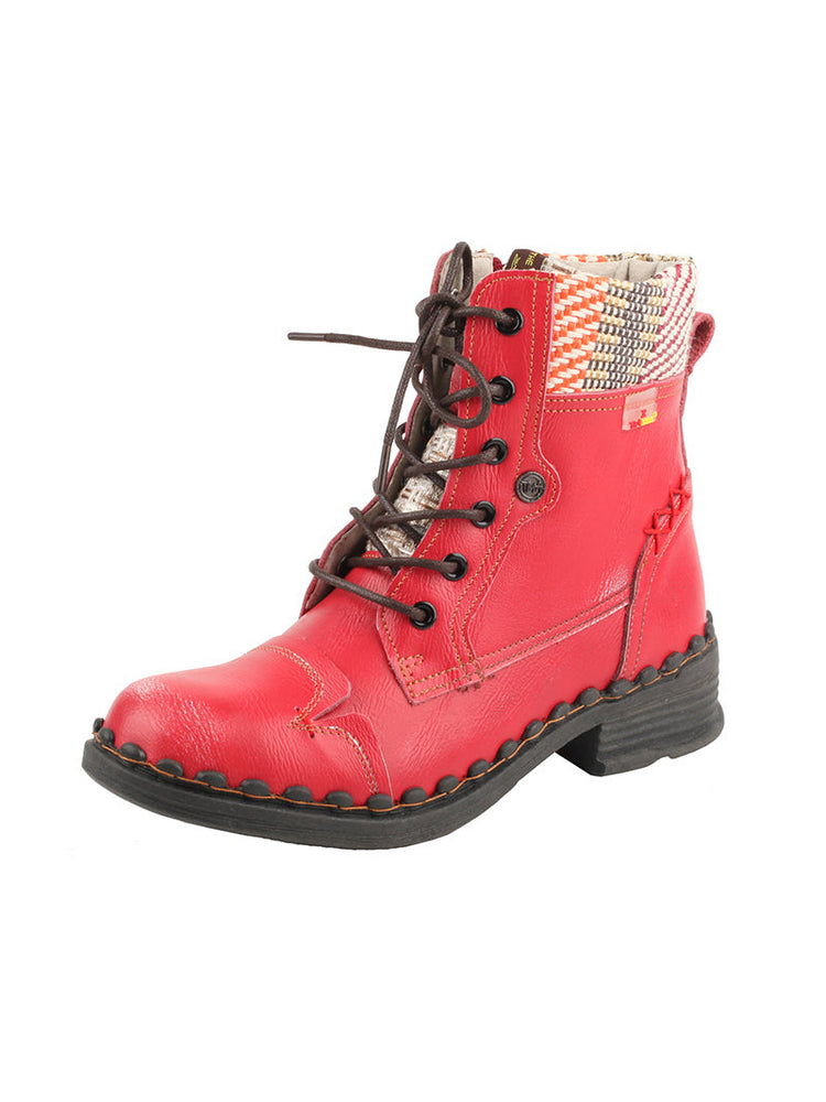 TMA EYES Genuine Leather Martin Boots  Hand Stitched Woven Lace-Up Side Zip