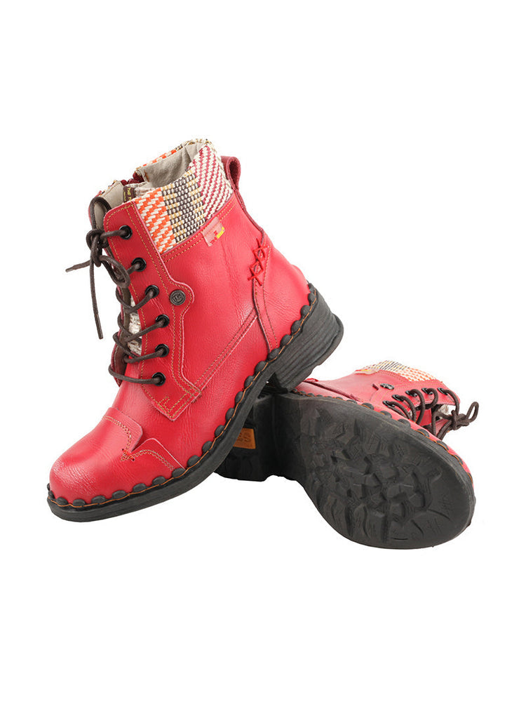 TMA EYES Genuine Leather Martin Boots  Hand Stitched Woven Lace-Up Side Zip