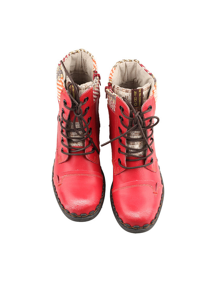 TMA EYES Genuine Leather Martin Boots  Hand Stitched Woven Lace-Up Side Zip