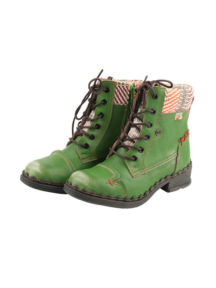 TMA EYES Genuine Leather Martin Boots  Hand Stitched Woven Lace-Up Side Zip