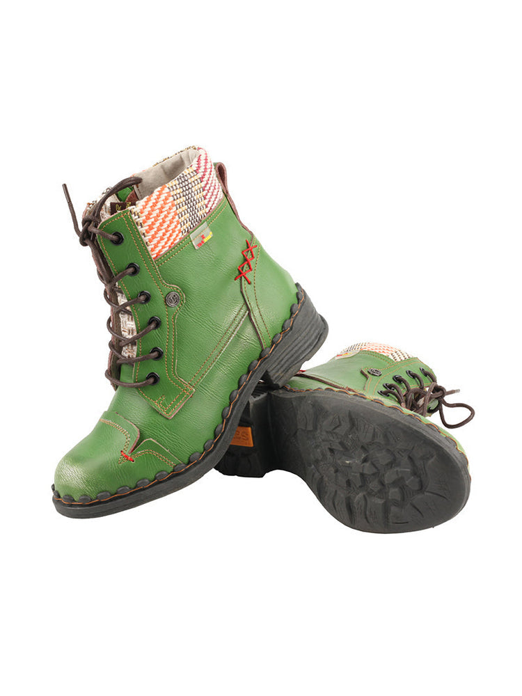 TMA EYES Genuine Leather Martin Boots  Hand Stitched Woven Lace-Up Side Zip