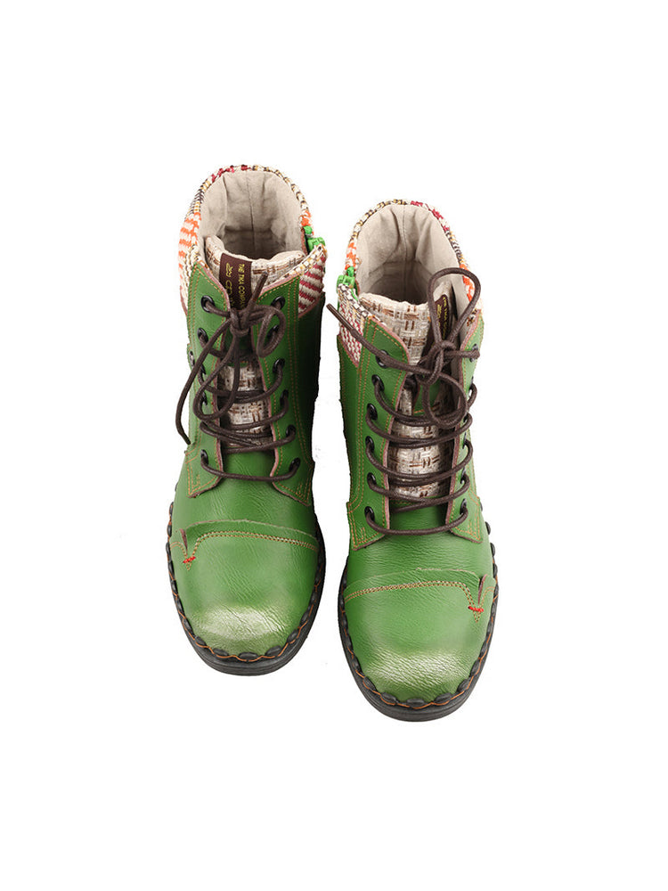TMA EYES Genuine Leather Martin Boots  Hand Stitched Woven Lace-Up Side Zip