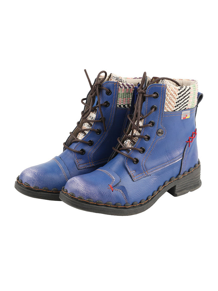 TMA EYES Genuine Leather Martin Boots  Hand Stitched Woven Lace-Up Side Zip