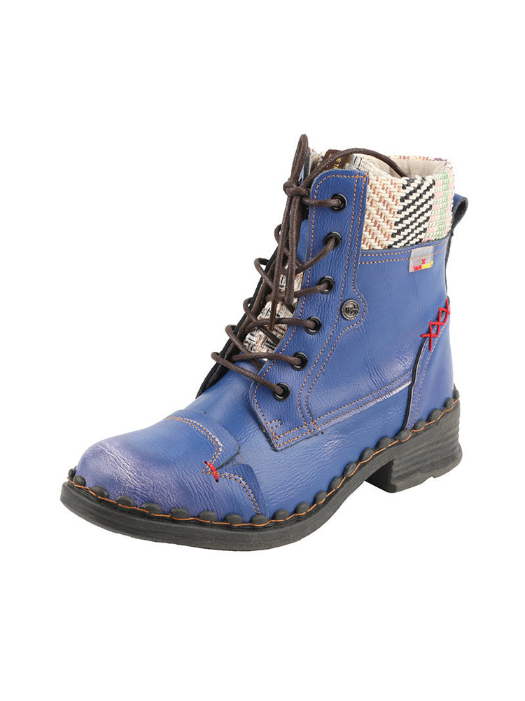 TMA EYES Genuine Leather Martin Boots  Hand Stitched Woven Lace-Up Side Zip