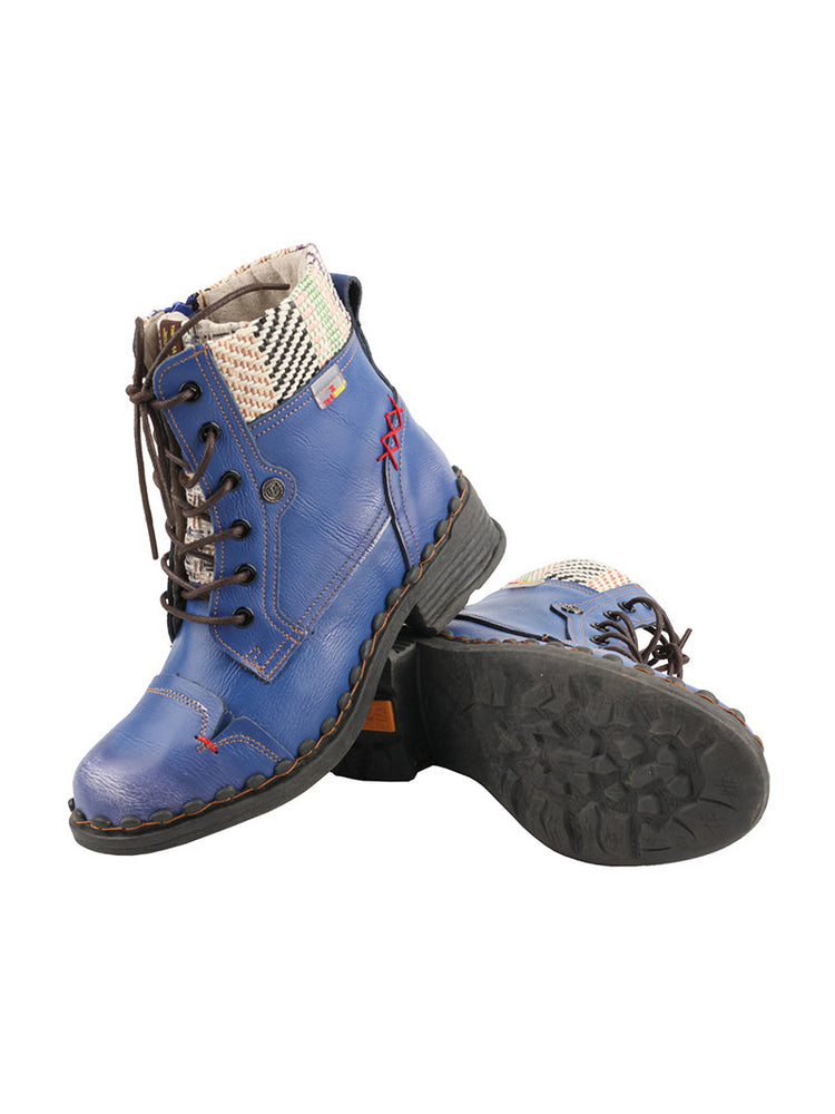 TMA EYES Genuine Leather Martin Boots  Hand Stitched Woven Lace-Up Side Zip