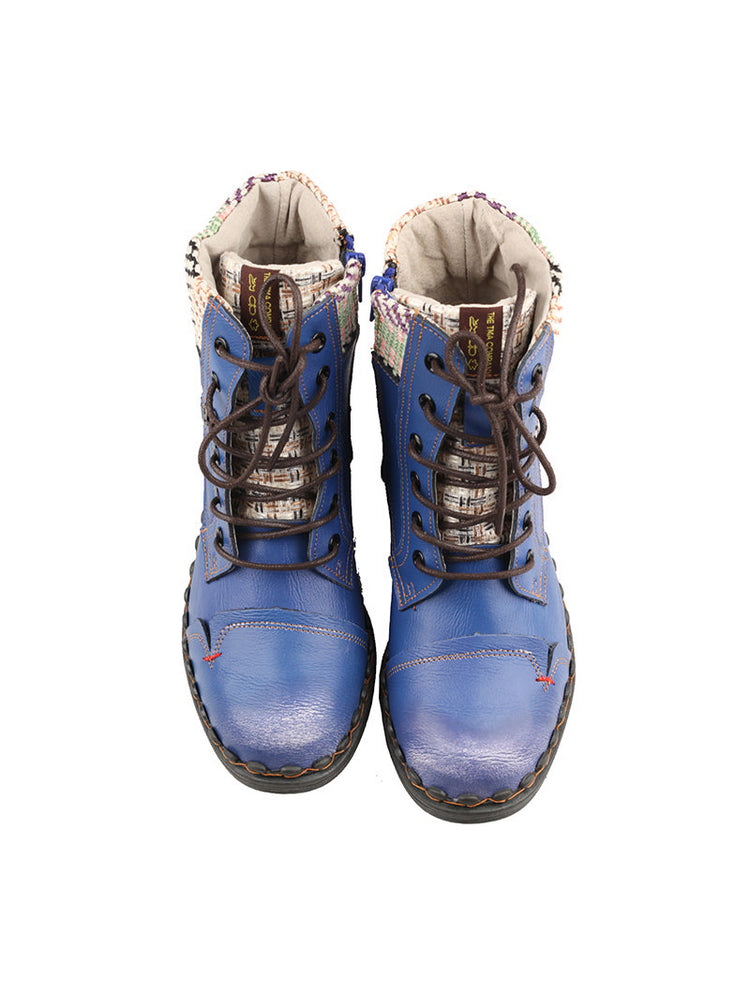 TMA EYES Genuine Leather Martin Boots  Hand Stitched Woven Lace-Up Side Zip