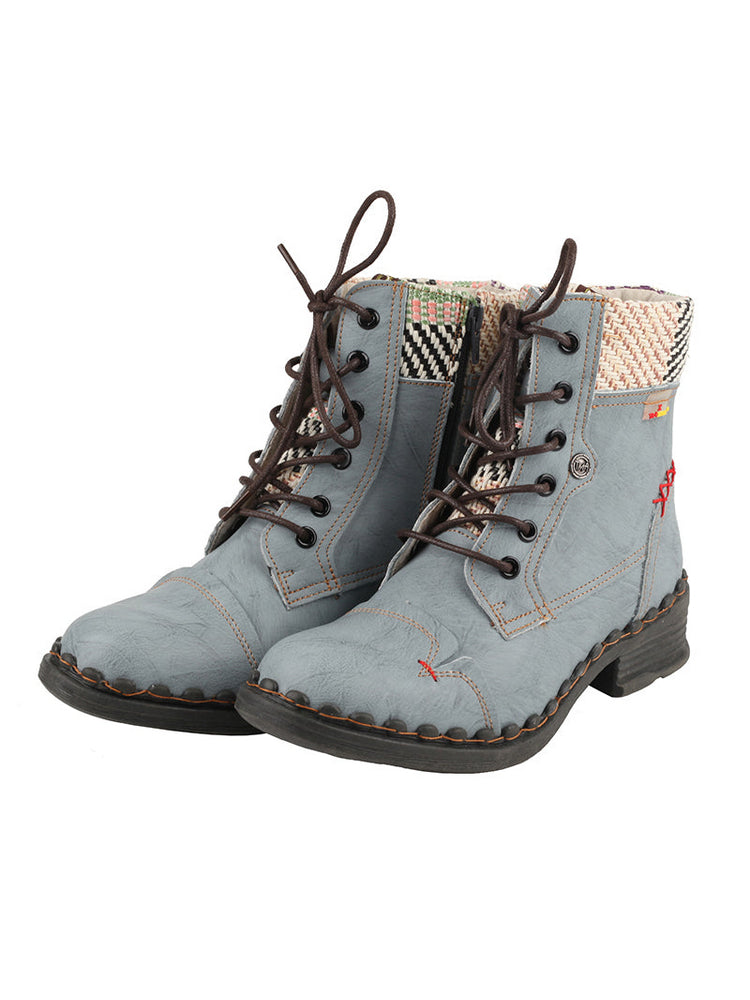 TMA EYES Genuine Leather Martin Boots  Hand Stitched Woven Lace-Up Side Zip