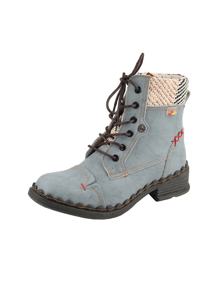 TMA EYES Genuine Leather Martin Boots  Hand Stitched Woven Lace-Up Side Zip