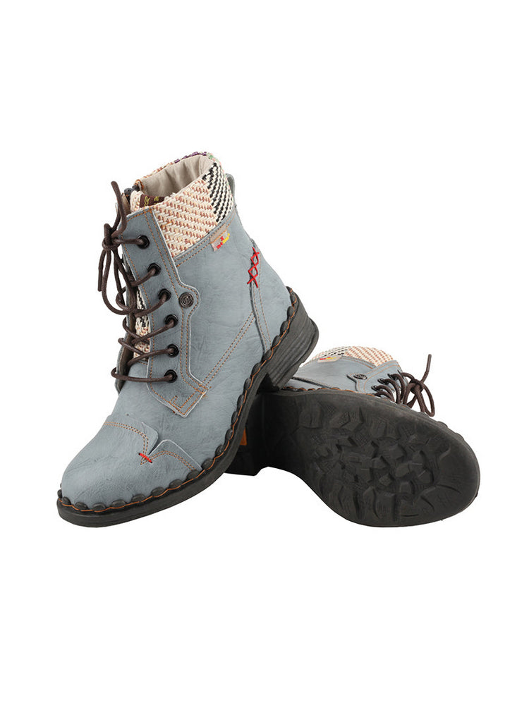 TMA EYES Genuine Leather Martin Boots  Hand Stitched Woven Lace-Up Side Zip