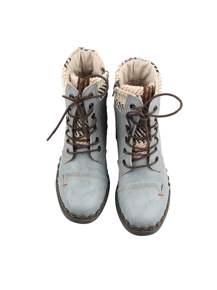 TMA EYES Genuine Leather Martin Boots  Hand Stitched Woven Lace-Up Side Zip