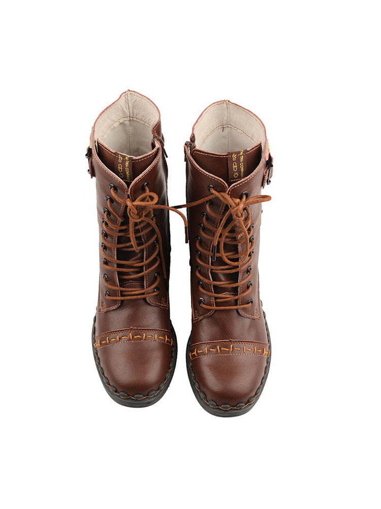 TMA EYES Genuine Leather Equestrian Boots  Buckle, Hand Stitched Lace-Up Half