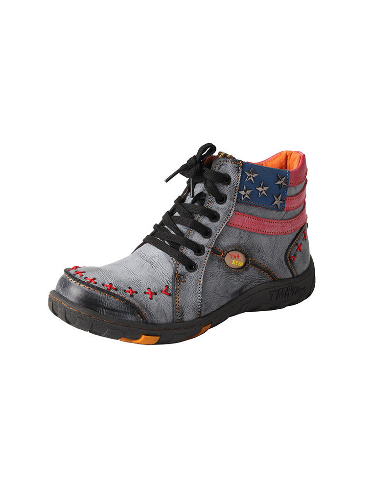 TMA EYES Hand-Stitched Ankle Boots  Stripe Patchwork Casual Sports Women's