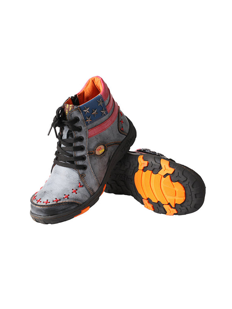 TMA EYES Hand-Stitched Ankle Boots  Stripe Patchwork Casual Sports Women's