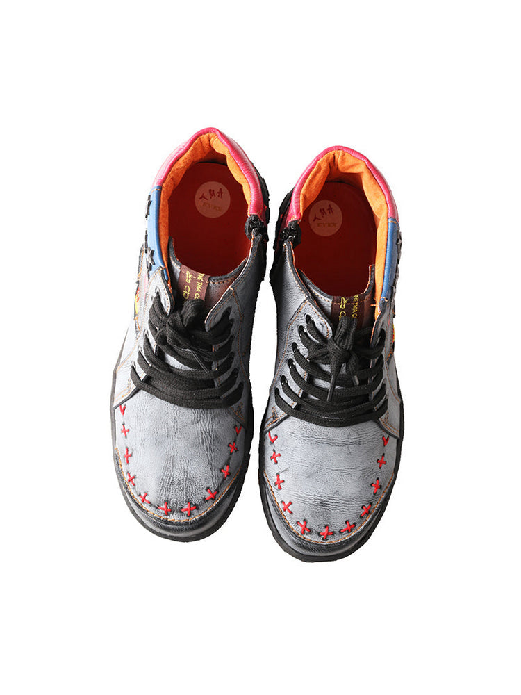 TMA EYES Hand-Stitched Ankle Boots  Stripe Patchwork Casual Sports Women's