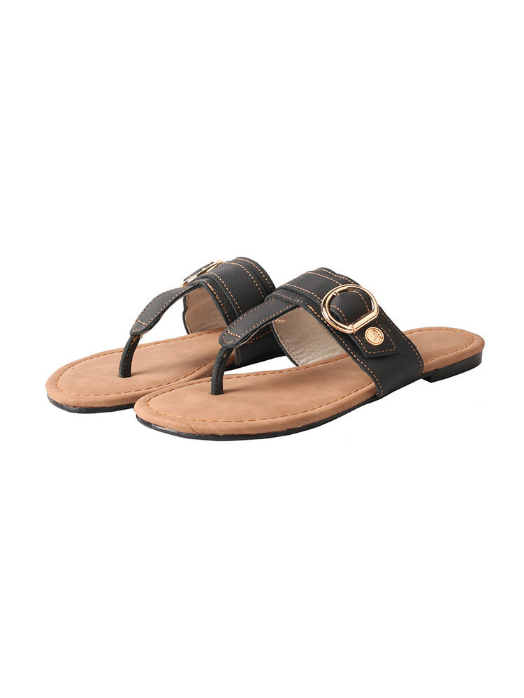 MA EYES Top-Grain Leather Flip-Flops  Metal Buckle Toe-Loop Flat Sandals