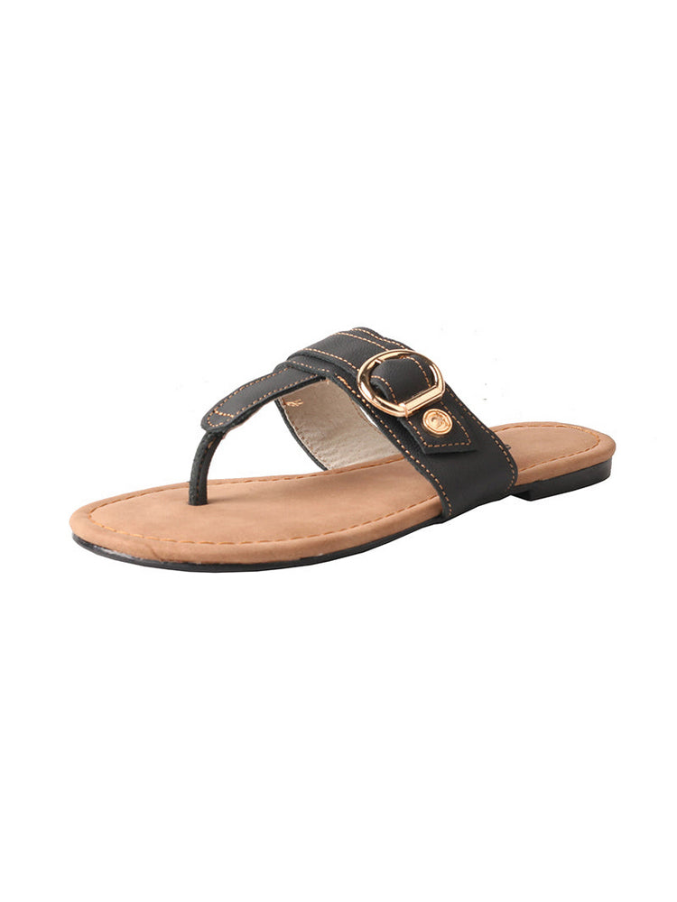 MA EYES Top-Grain Leather Flip-Flops  Metal Buckle Toe-Loop Flat Sandals