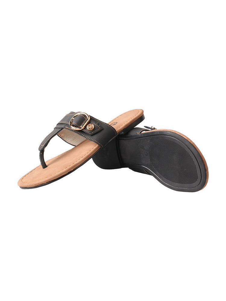 MA EYES Top-Grain Leather Flip-Flops  Metal Buckle Toe-Loop Flat Sandals