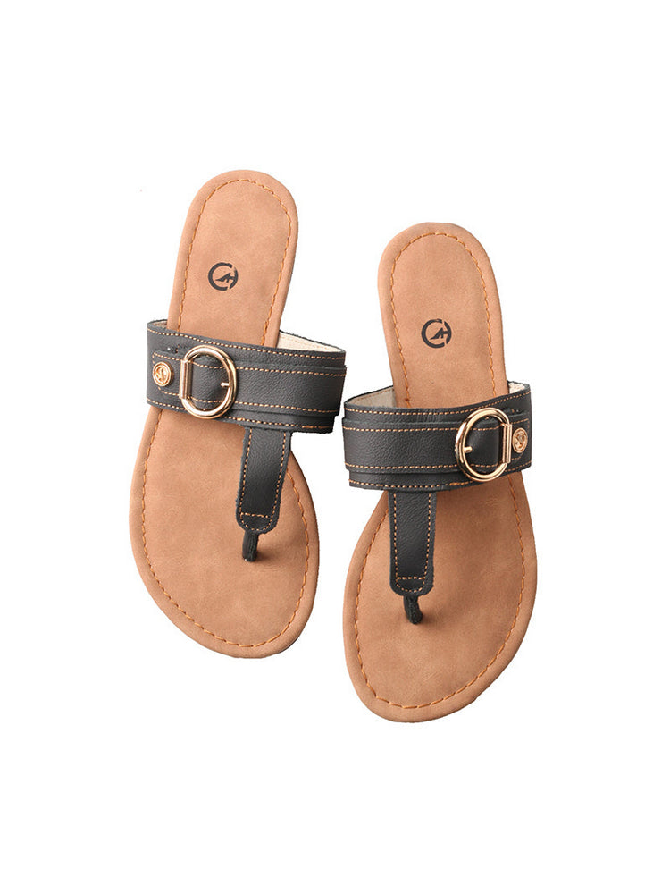 MA EYES Top-Grain Leather Flip-Flops  Metal Buckle Toe-Loop Flat Sandals