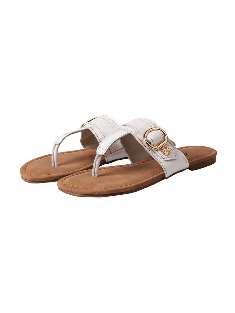 MA EYES Top-Grain Leather Flip-Flops  Metal Buckle Toe-Loop Flat Sandals