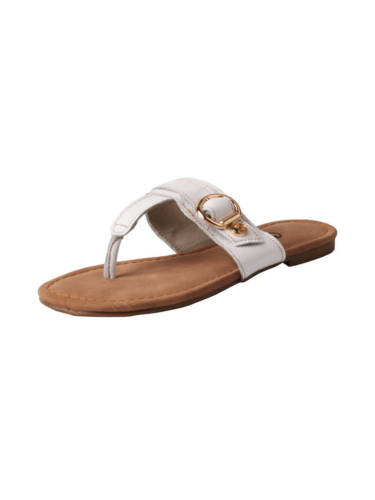 MA EYES Top-Grain Leather Flip-Flops  Metal Buckle Toe-Loop Flat Sandals