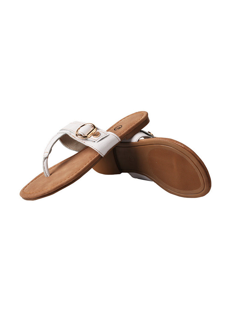 MA EYES Top-Grain Leather Flip-Flops  Metal Buckle Toe-Loop Flat Sandals