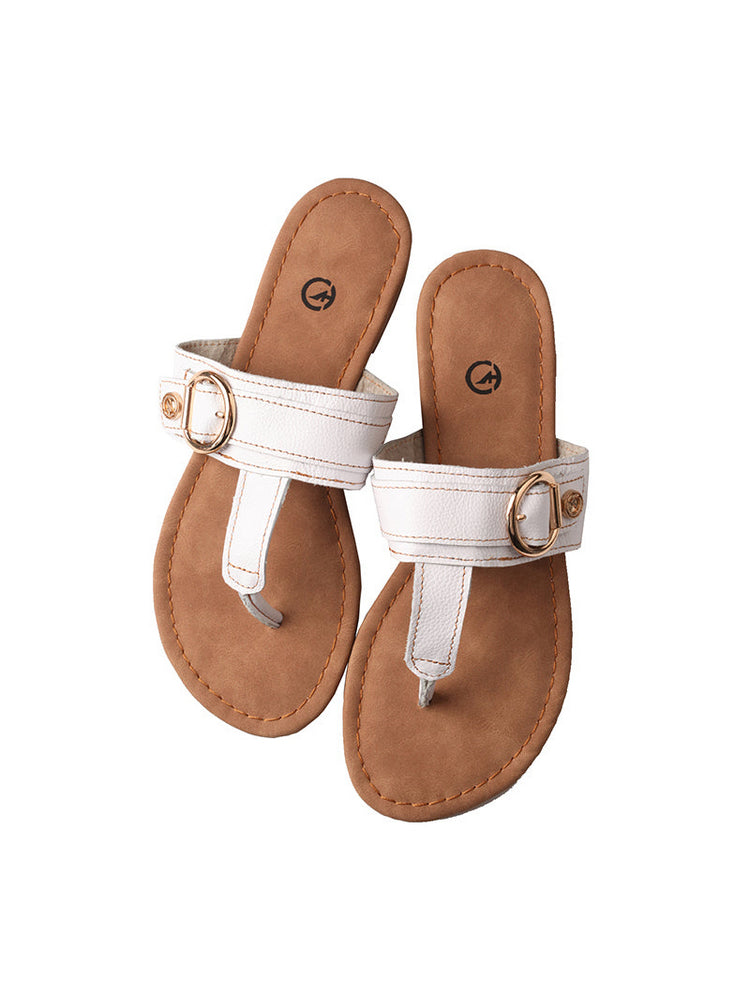 MA EYES Top-Grain Leather Flip-Flops  Metal Buckle Toe-Loop Flat Sandals
