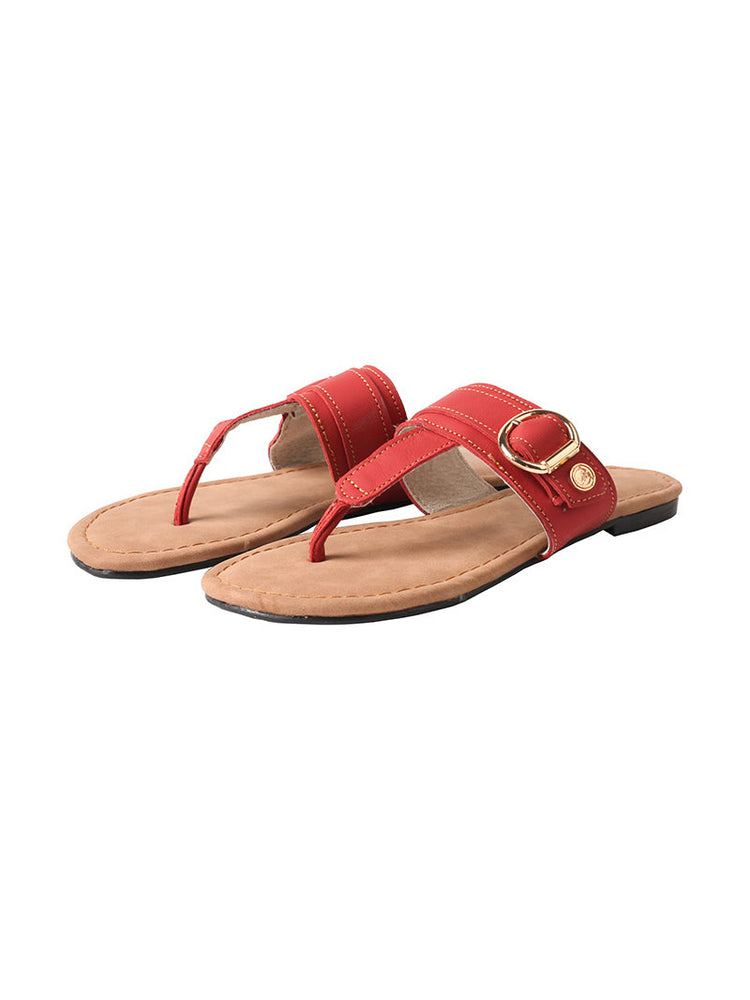 MA EYES Top-Grain Leather Flip-Flops  Metal Buckle Toe-Loop Flat Sandals