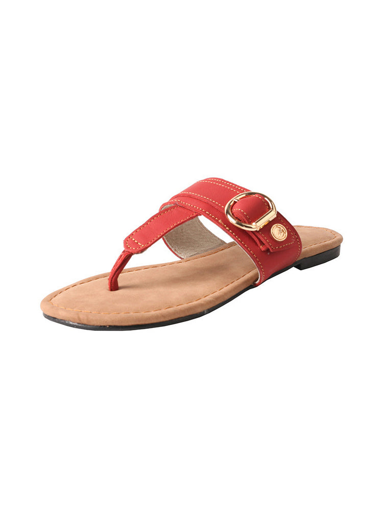 MA EYES Top-Grain Leather Flip-Flops  Metal Buckle Toe-Loop Flat Sandals
