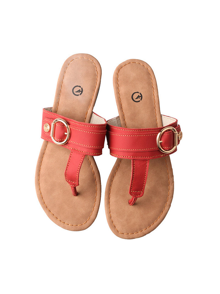 MA EYES Top-Grain Leather Flip-Flops  Metal Buckle Toe-Loop Flat Sandals