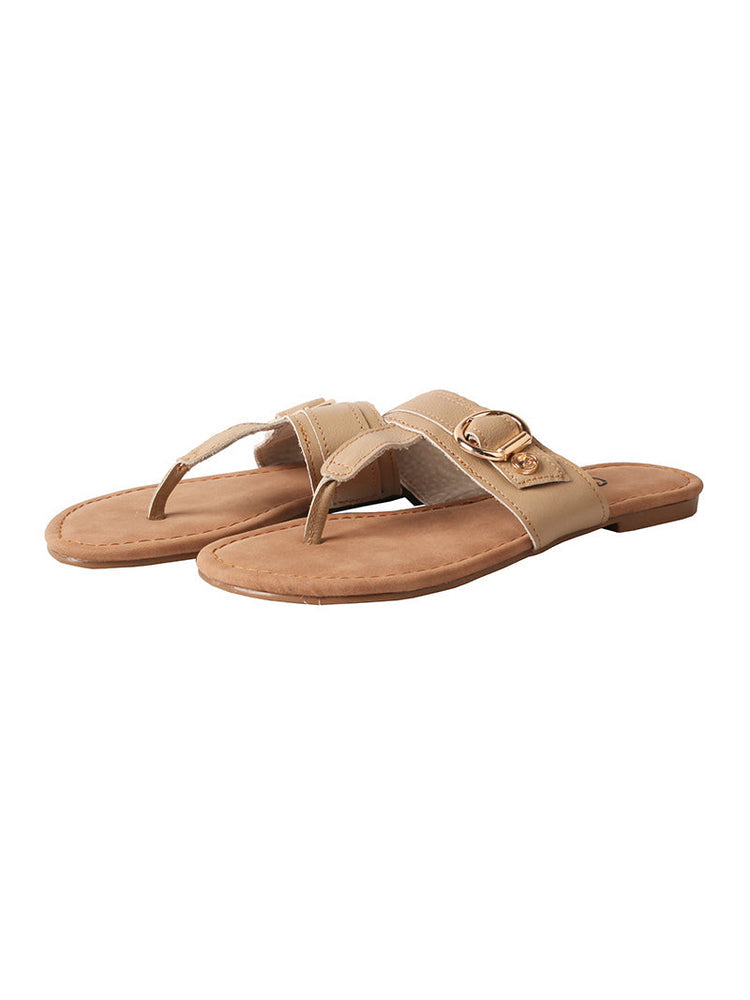 MA EYES Top-Grain Leather Flip-Flops  Metal Buckle Toe-Loop Flat Sandals