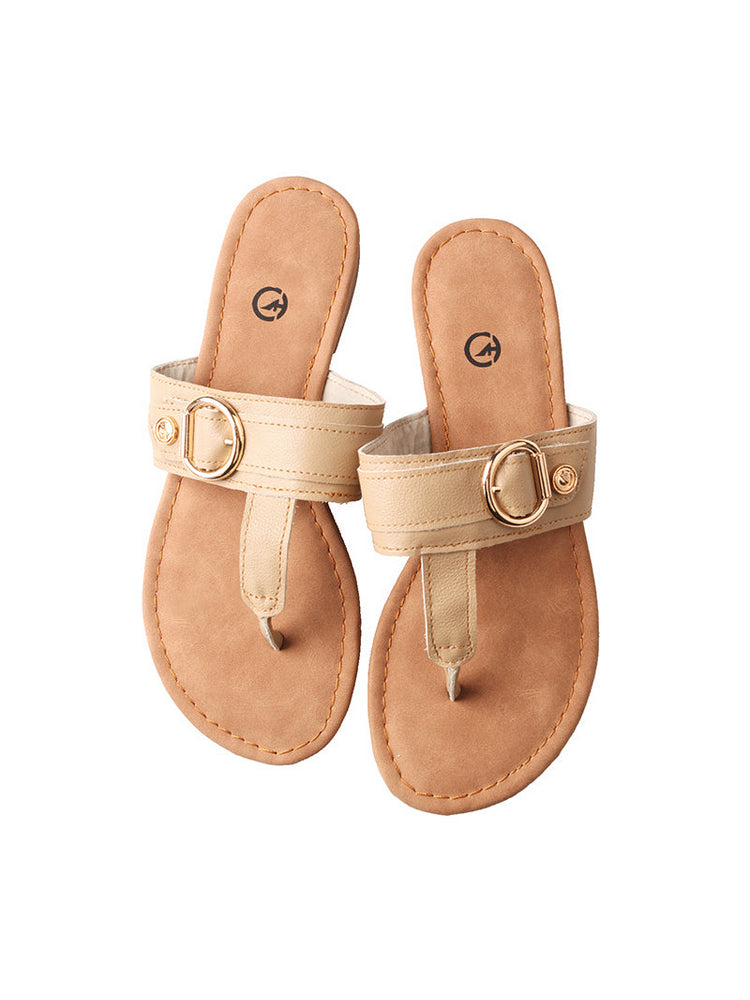 MA EYES Top-Grain Leather Flip-Flops  Metal Buckle Toe-Loop Flat Sandals