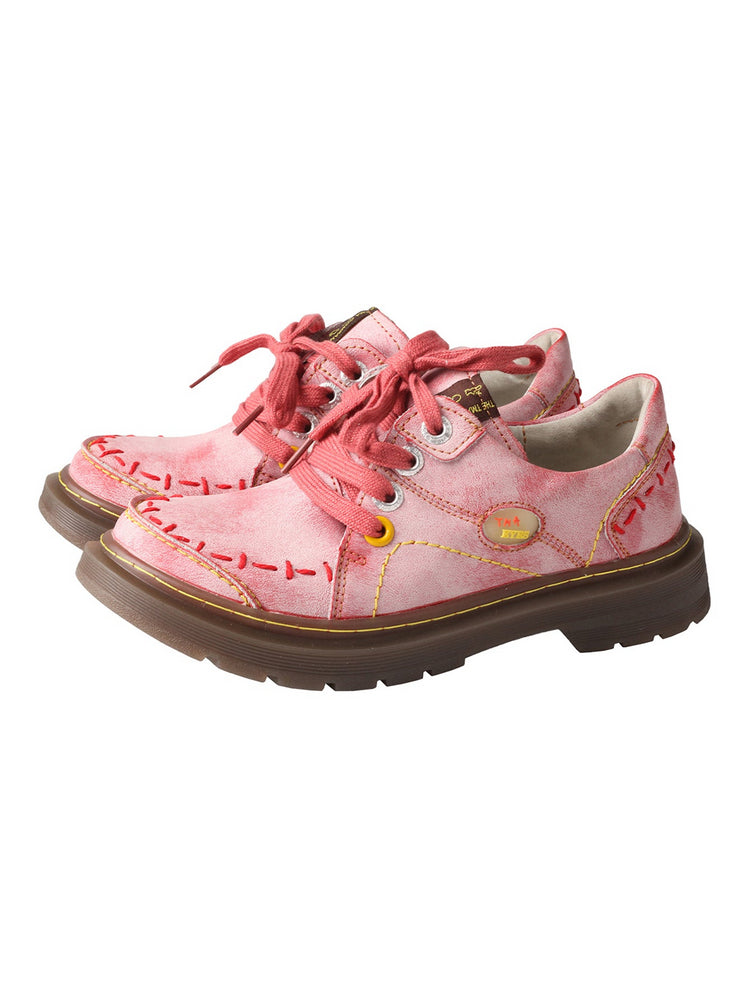 TMA EYES Red Flat Shoes  Retro Lace-Up Anti-Slip Comfort Walking Women's