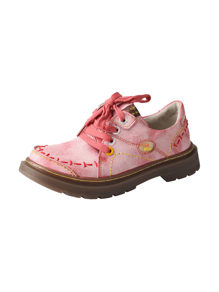 TMA EYES Red Flat Shoes  Retro Lace-Up Anti-Slip Comfort Walking Women's