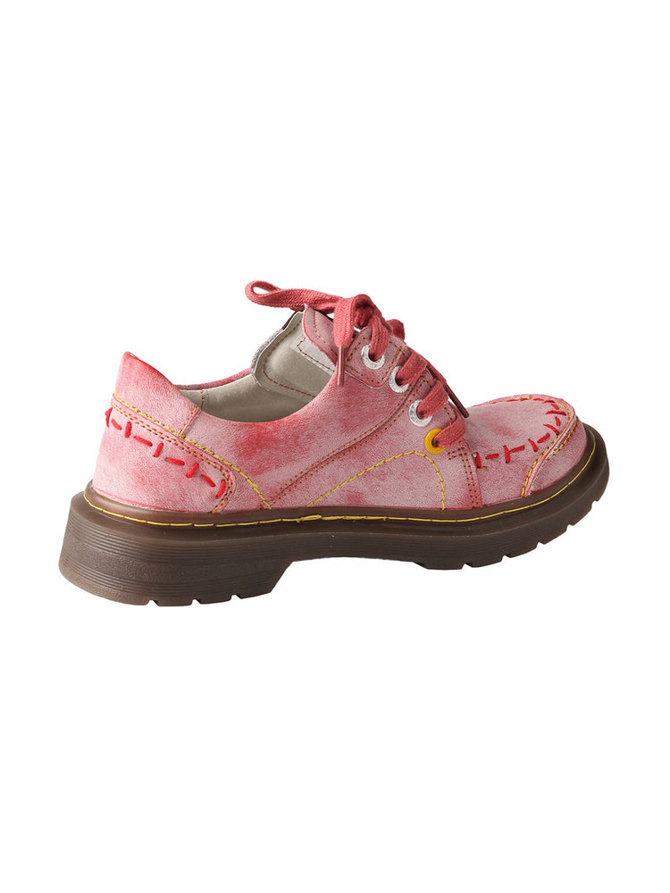 TMA EYES Red Flat Shoes  Retro Lace-Up Anti-Slip Comfort Walking Women's
