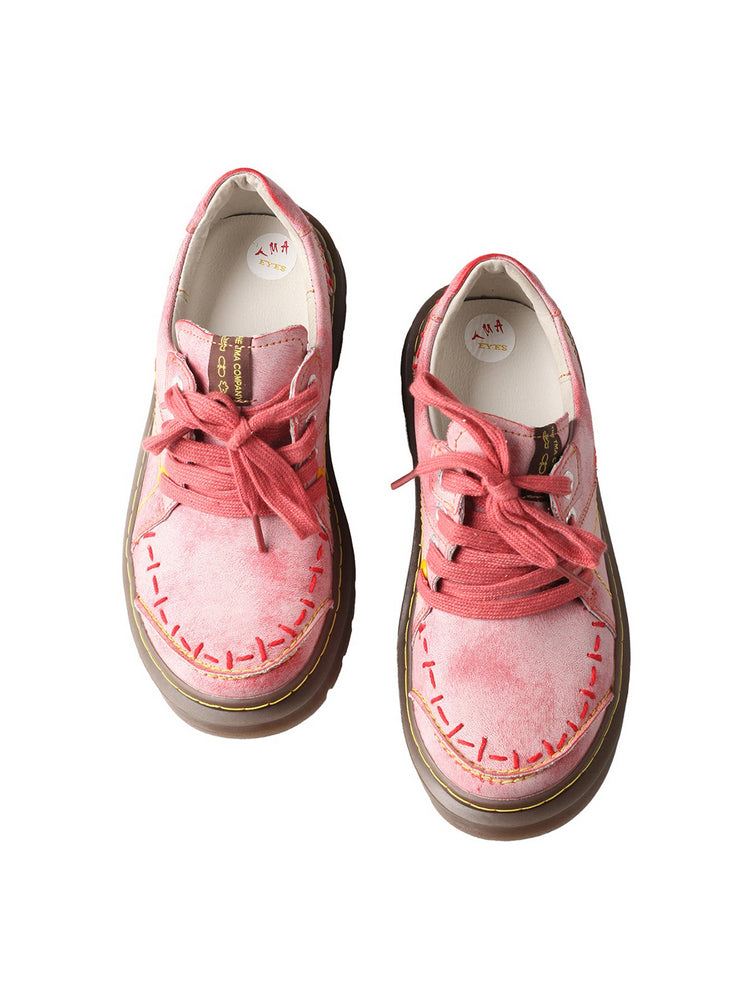 TMA EYES Red Flat Shoes  Retro Lace-Up Anti-Slip Comfort Walking Women's