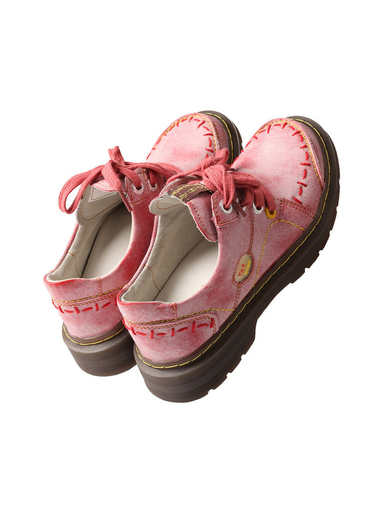 TMA EYES Red Flat Shoes  Retro Lace-Up Anti-Slip Comfort Walking Women's