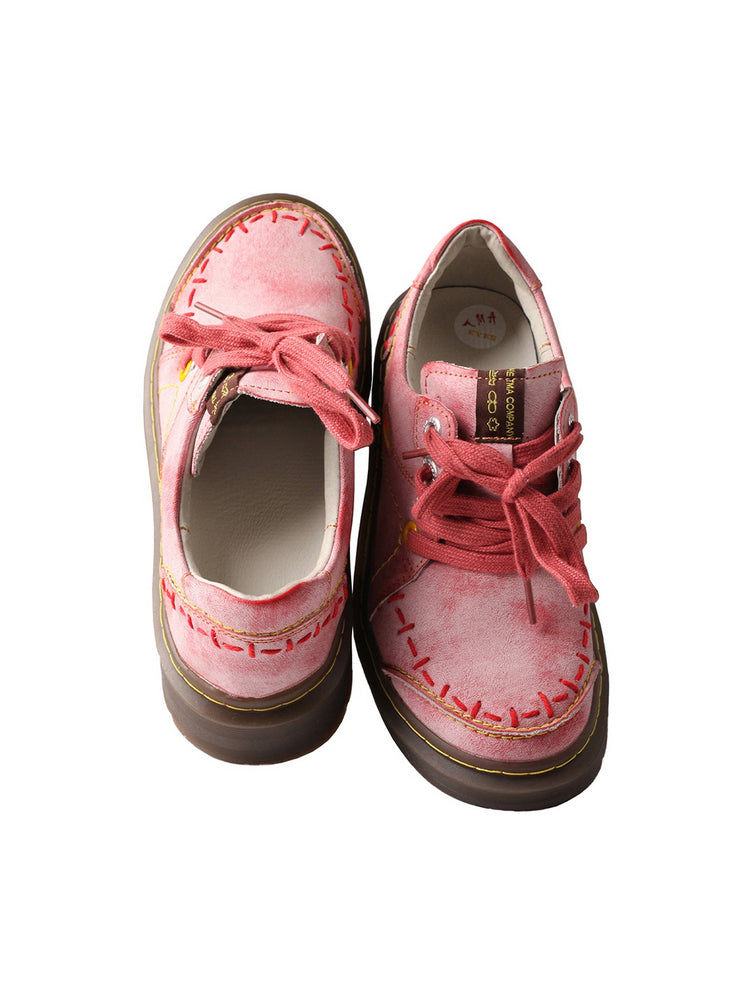 TMA EYES Red Flat Shoes  Retro Lace-Up Anti-Slip Comfort Walking Women's