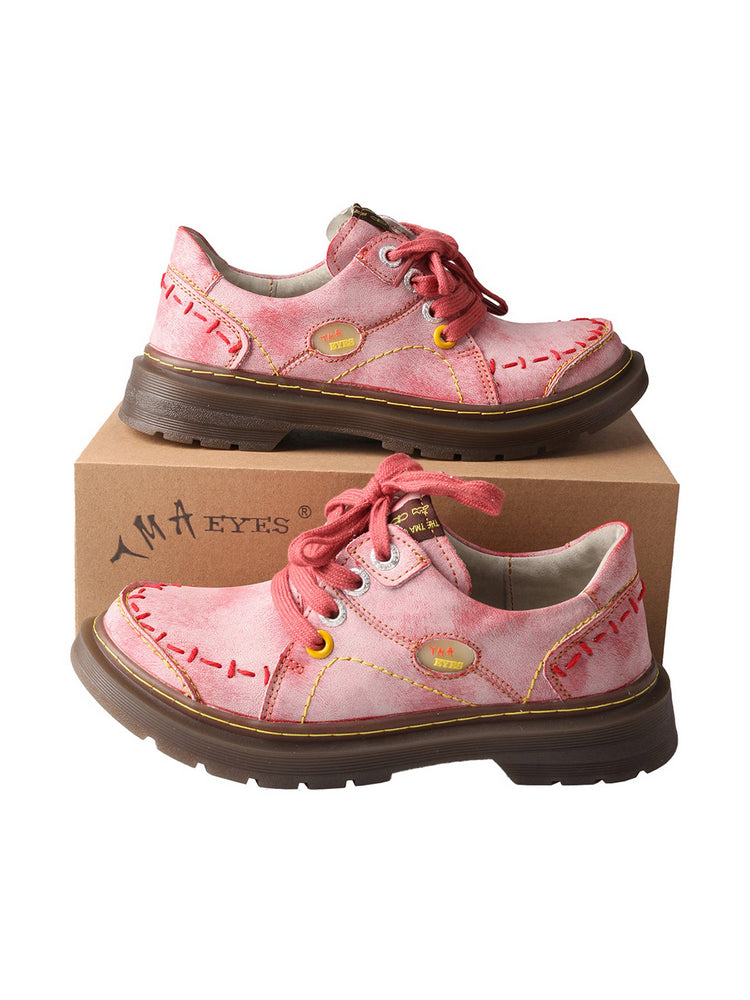 TMA EYES Red Flat Shoes  Retro Lace-Up Anti-Slip Comfort Walking Women's