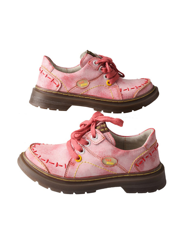 TMA EYES Red Flat Shoes  Retro Lace-Up Anti-Slip Comfort Walking Women's
