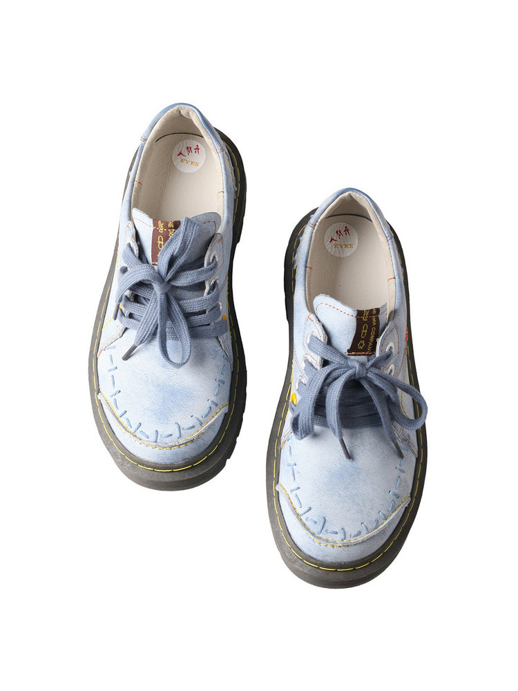 TMA EYES Blue Flat Shoes | Retro Lace-Up Anti-Slip Comfort Walking Women's